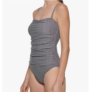 DKNY Women's One Piece Swimsuit Bandeau Maillot Black White Geo Large 12 NEW